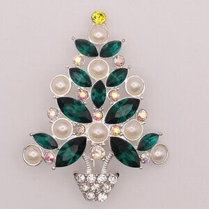 Christmas Tree Brooch Yellow Green AB Rhinestones Faux Pearl Signed Avon 2011